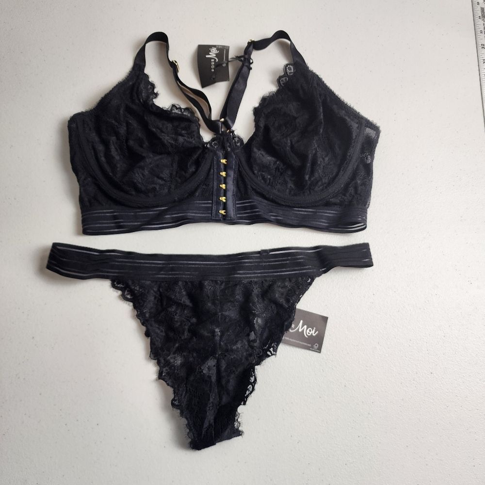 Playful Promises Revolution Black Lace Lingerie Set Bra 38F & Thong XL